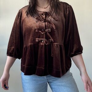 Velvet Heart Elegant Brown Velvet Women's Bow Top